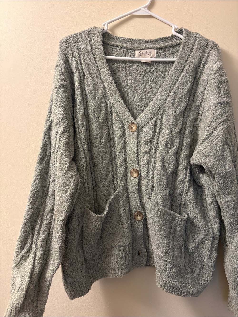 Jessica Simpson Sage Green Chunky Cable V-Neck Cardigan